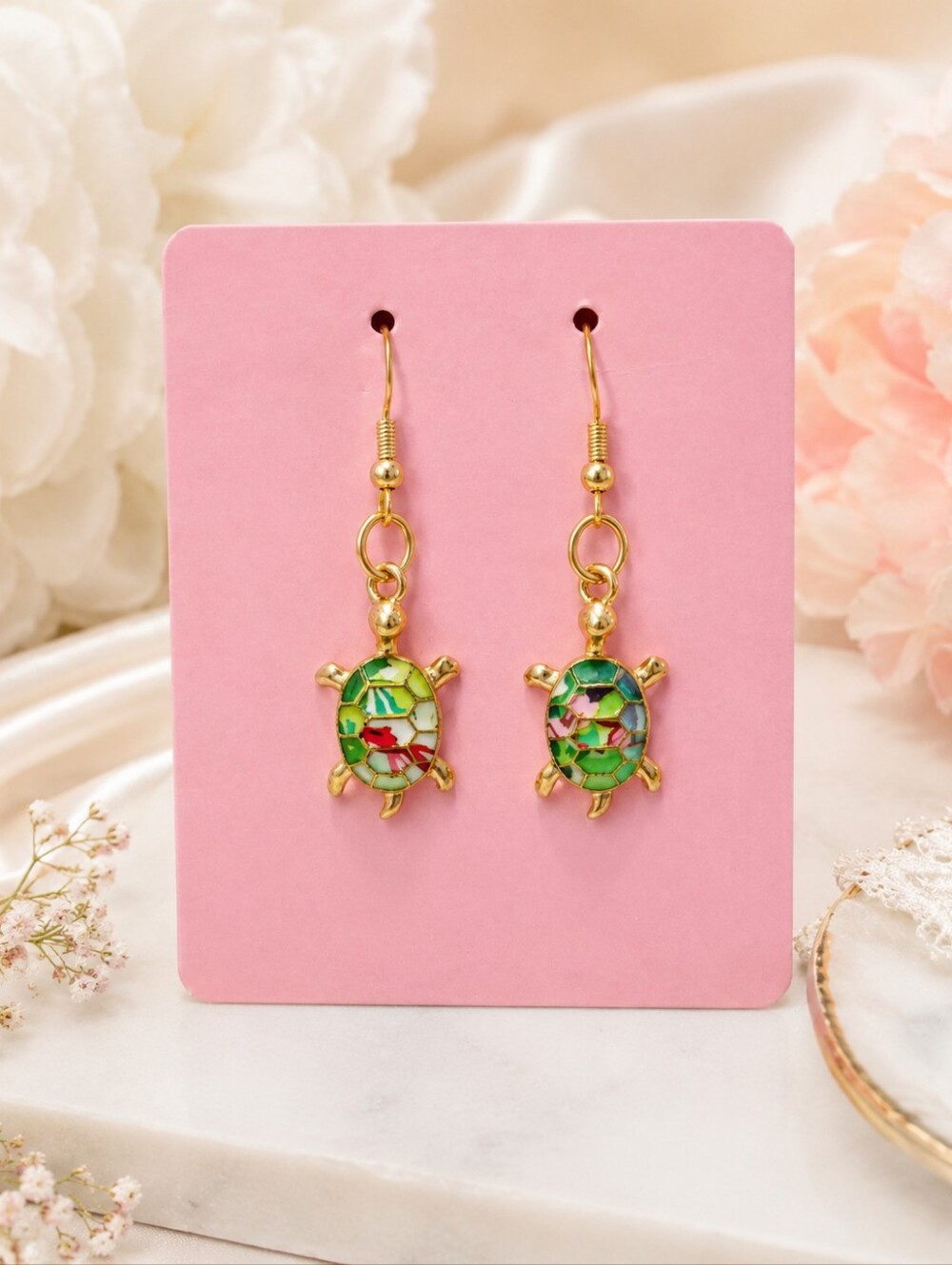 🐢Colorful Mosaic Turtles ❤️Dangle Earrings Gold Tone Fish Hook Coastal Jewelry